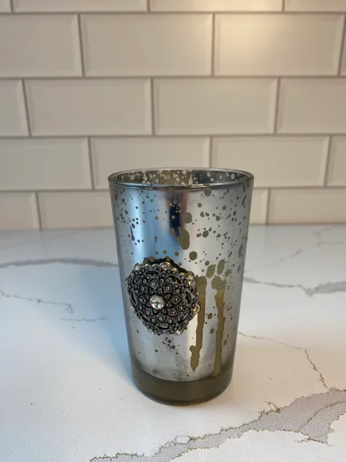 Silver Mercury Glass Votice Candleholder with Metal Embellish