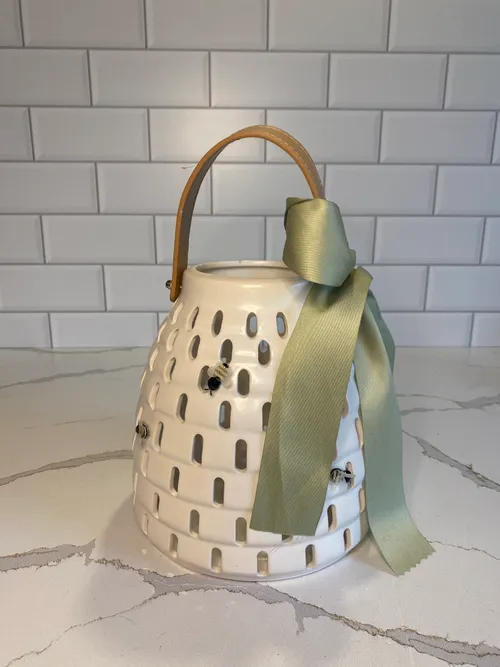White Ceramic Bee Hive Lantern with Leather Handle