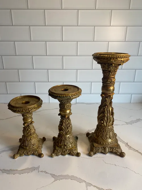 Set of 3 Fancy Gold Candleholders