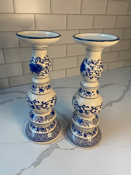 Set of 2 Chinoiserie Blue and White Candleholders