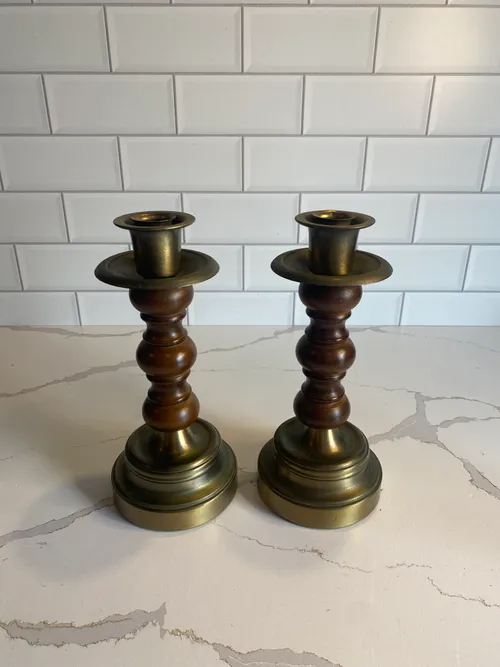 Set of 2 Brass with Wood Candlesticks