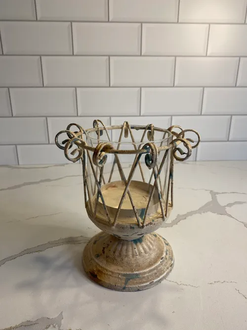 White Metal Candleholder with Glass Insert