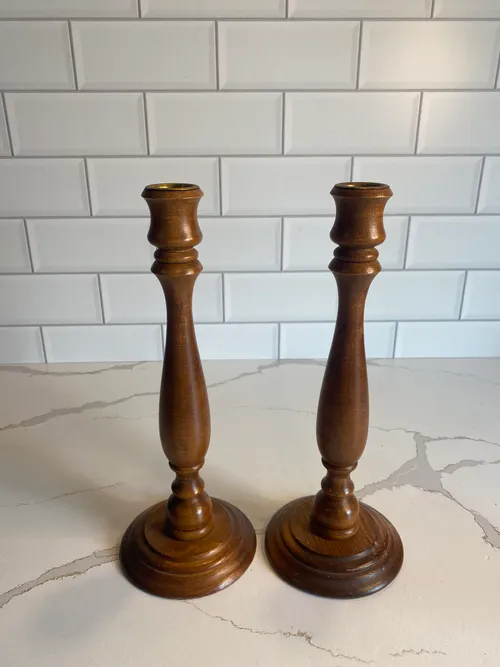 Set of 2 Tall Natural Wood Candlesticks