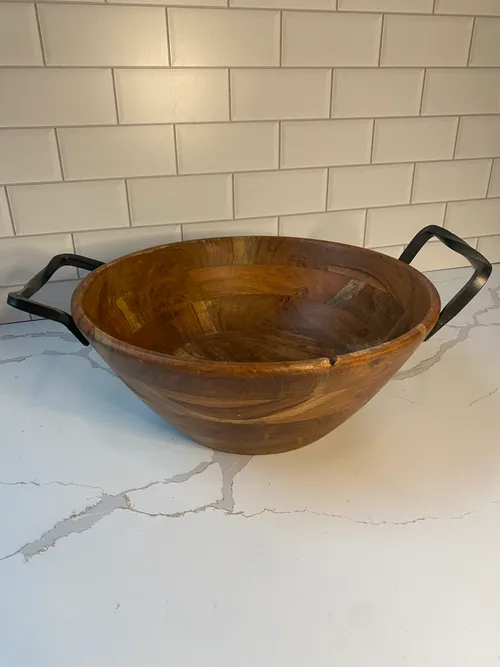 Large Wood Bowl with Metal Handles