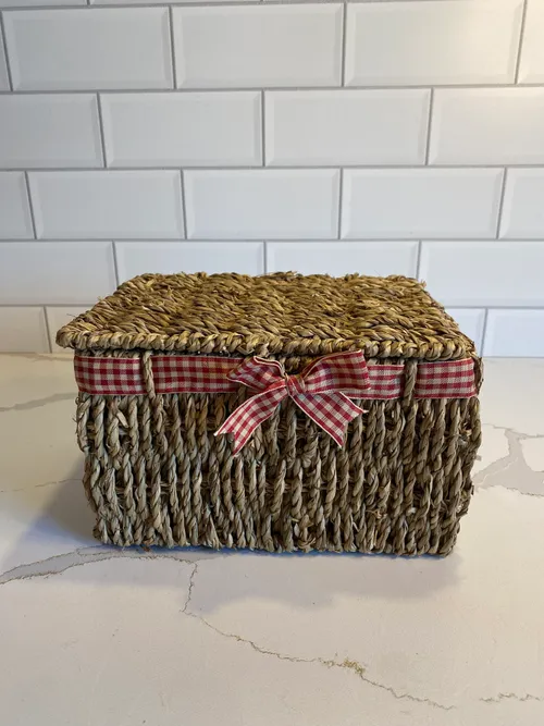 Wicker Box with Lid and Red & White Material