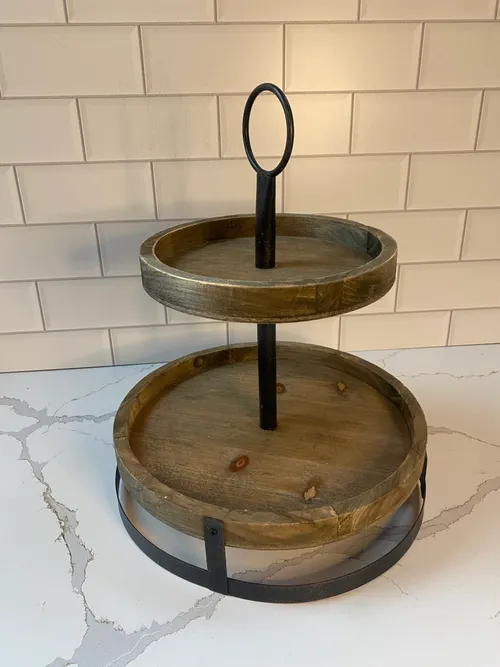 2-tiered Wood with Black Metal Stand