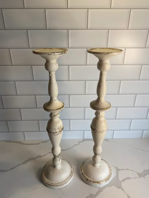 Set of 2 Tall White Metal Candleholders