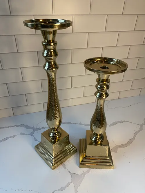 Set of Tall Gold Hammered Candleholders