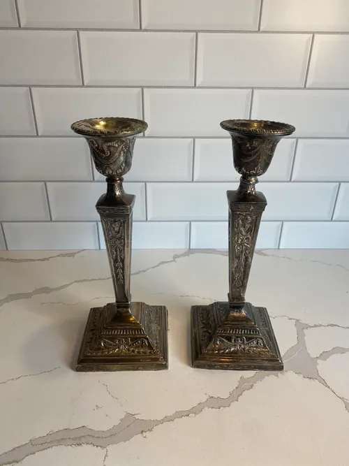 Set of 2 Tarnished Silver Fancy Candlesticks