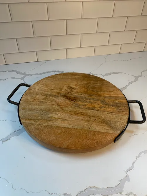 Round Wood Tray with Metal Handles