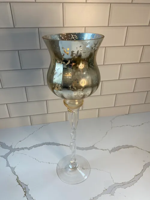 Tall Pedestal Silver Mercury Glass Candleholder