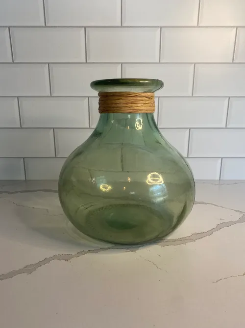 Large Green Bubble Vase with Raffia