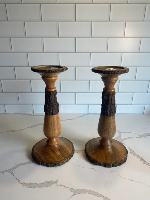 Set of 2 Wood Bark Candleholders