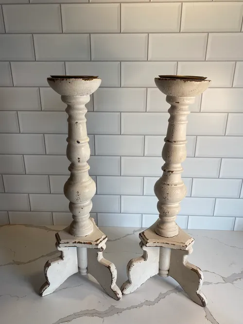 Set of 2 Tall White Wood Candleholders