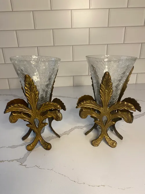Set of Crackle Vases with Brass Stand