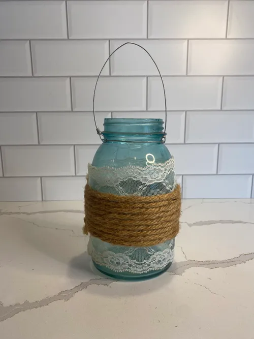 Hanging Blue Jars with Lace & Twine