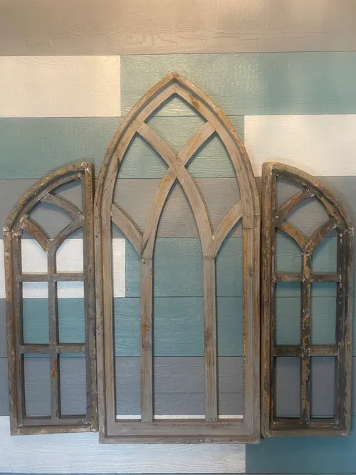 Grey Washed Cathedral Wood Window Set of 3