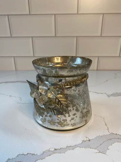 Silver Mercury Glass Votive Holder with Metal Flower Embellishment