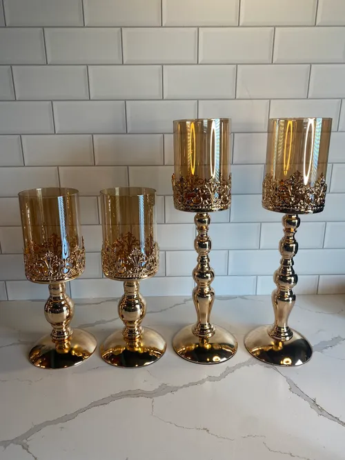 Set of 4 Fancy Gold Candleholders with Tinted Glass Hurricanes