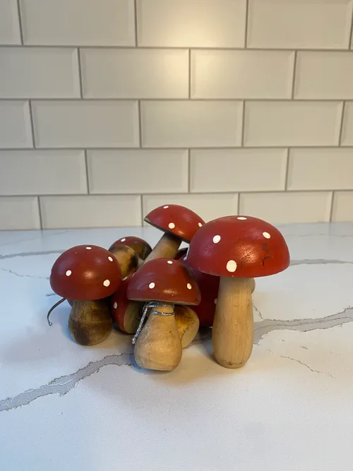 Set of 9 Wood Red Topped Mushrooms