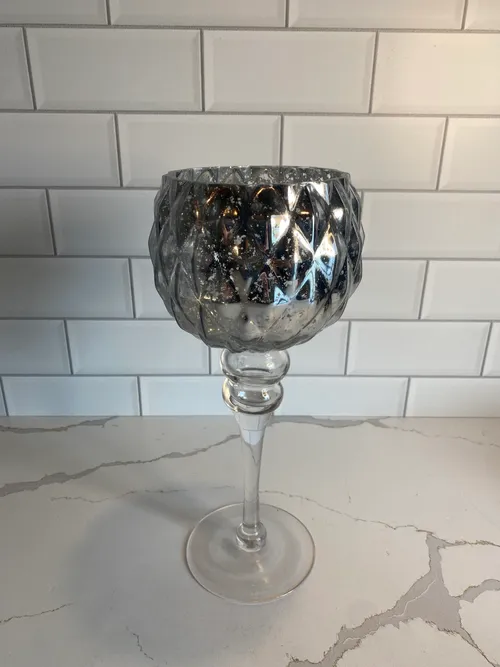 Smokey Silver Pedestal Candleholder with Diamond Pattern