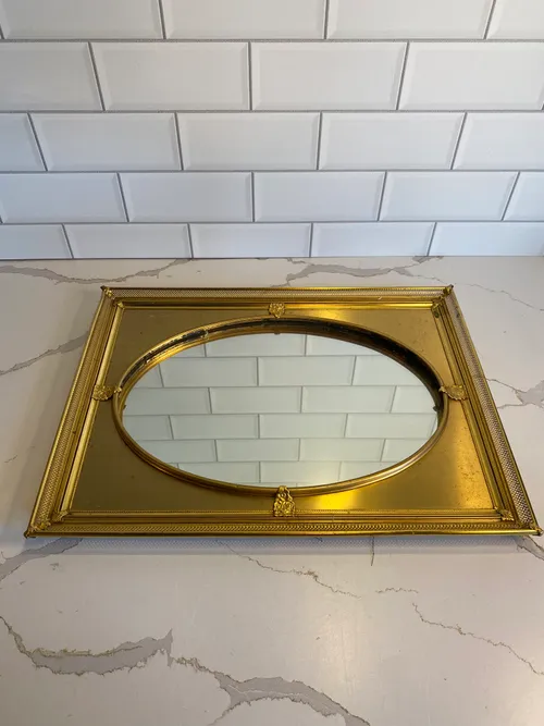 Square Gold Tray with Round Mirror