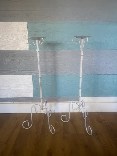Set of 2 Tall White Metal Candle Holders