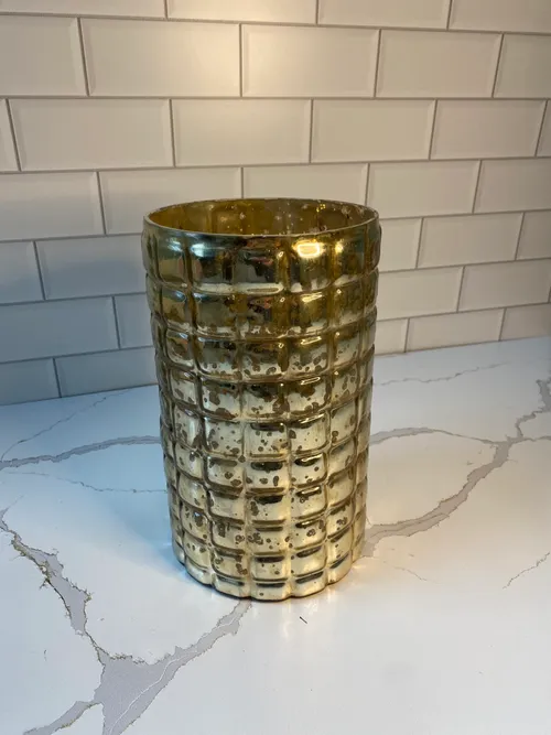 Tall Gold Mercury Glass Cylinders with Square Embellishments