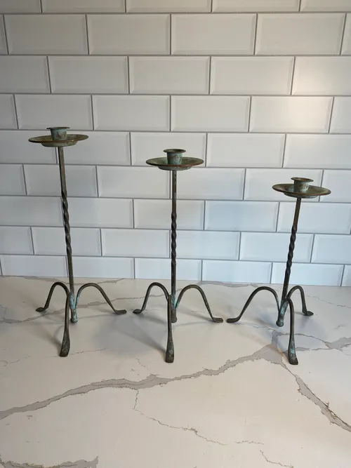 Set of 3 Aqua Metal Candlesticks