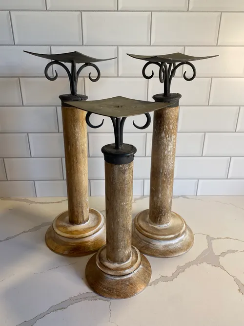 Set of 3 Wood with Black Flat Candleholders