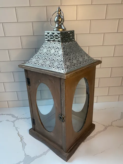 Dark Wood Lantern with Silver Top