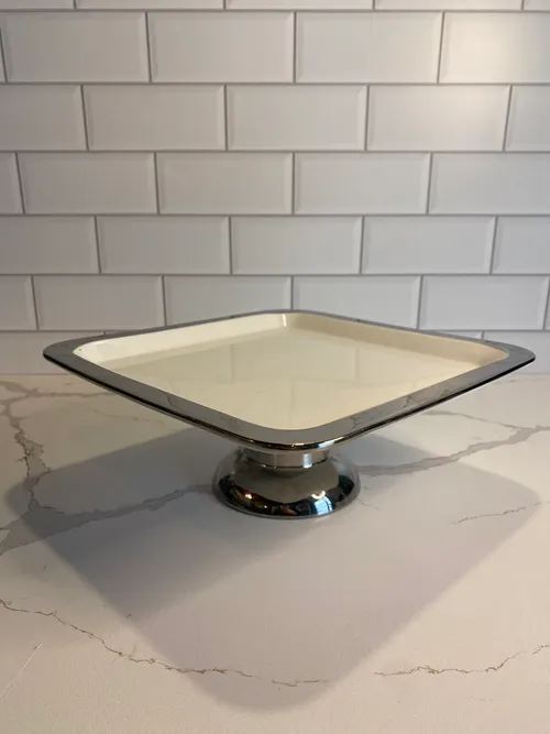 Silver and White Square Glass Cake Pedestal