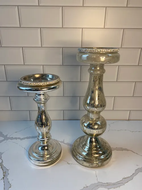 Set of 2 Silver Mercury Glass Candleholders with Faux Diamond Embellishment