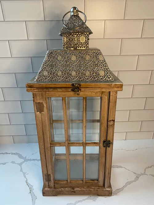 Light Wood Lantern with Silver Top