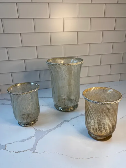 Set of 3 Gold Mercury Glass Candlehodlers with Faux Diamond Embellishment