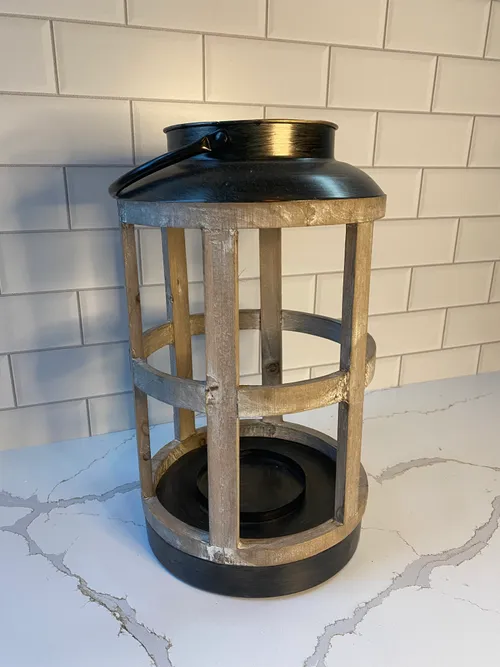 Round Wood Lantern with Dark Metal Top