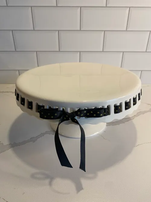 Medium White Cake Pedestal with Black and Gold Ribbon