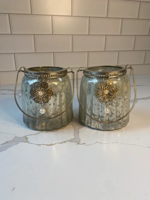 Silver Mercury Glass Candleholder with Flower Embellishment