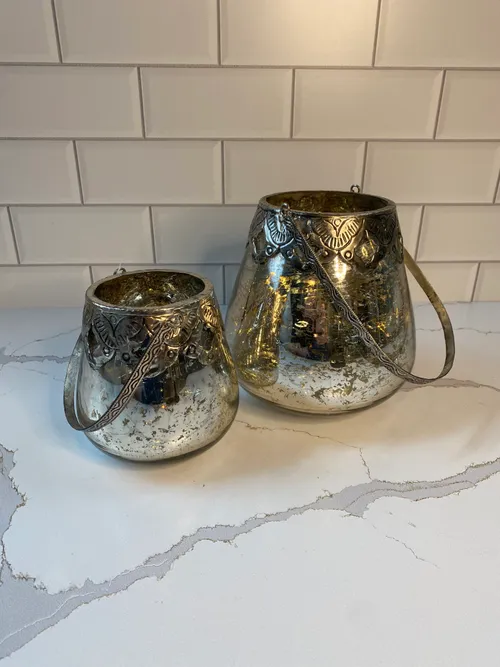 Set of 2 Silver Mercury Glass Round Candleholders