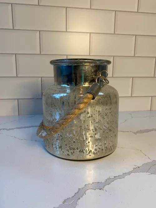Medium Silver Mercury Glass Jar with Rope Handle Candleholder or Vase