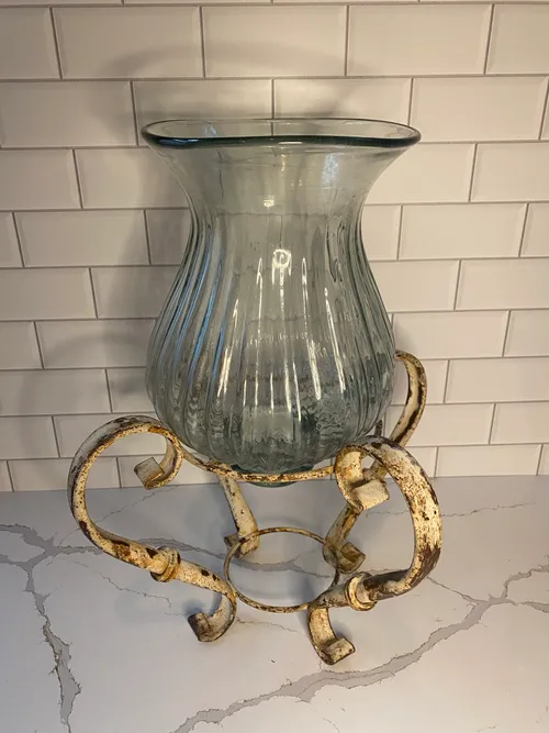 Shabby Chic Glass Candleholder with Rustic Metal Base