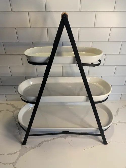 3-tiered Black Stand with White Ceramic Platters