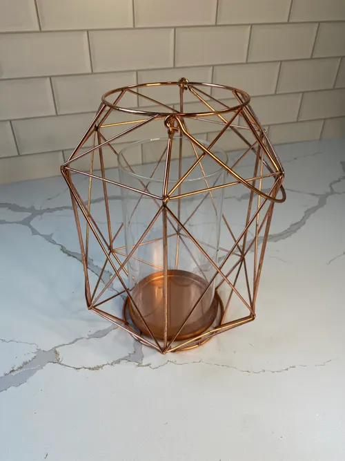 Rose Gold Wire Geo Candleholder with Glass Cylinder