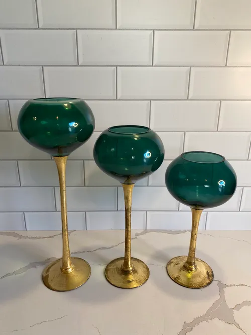 Set of 3 Dark Green and Gold Pedestal Candleholders