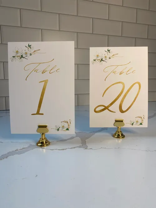 Gold with White Flower Card Table Number with Gold Stand