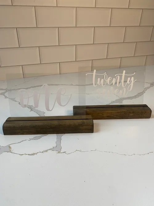 Glass Script Table Numbers with Wood Stand