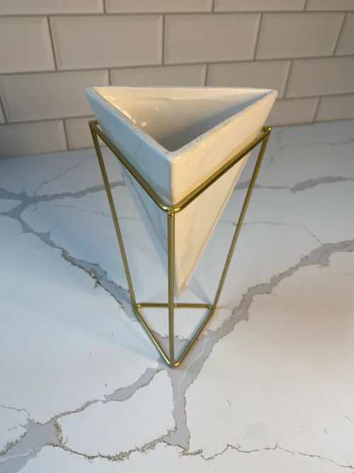 White Triangle with Gold Stand Vase