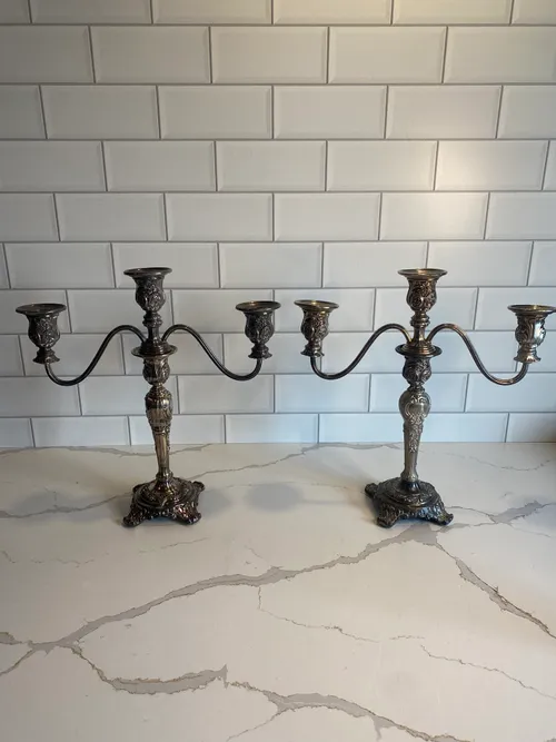 Set of 2 Tarnished Silver 3 Arm Candelabras