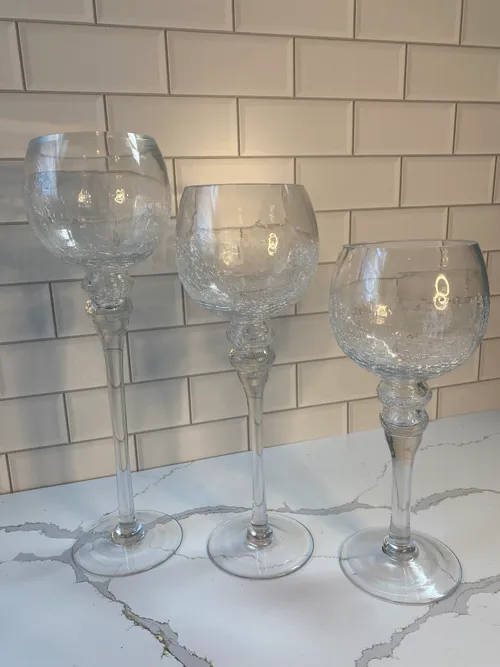 Set of 3 Round Crackle Glass Candleholders
