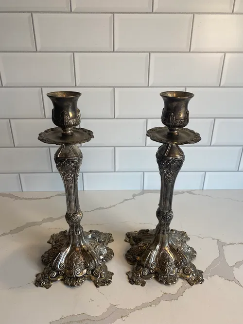 Set of 2 Medium Tarnished Silver Fancy Candlesticks